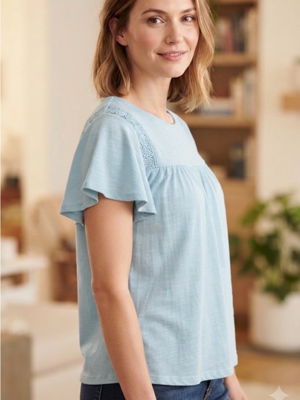 Greige Light Blue Flutter Sleeve Women's Med Top with Embroidery